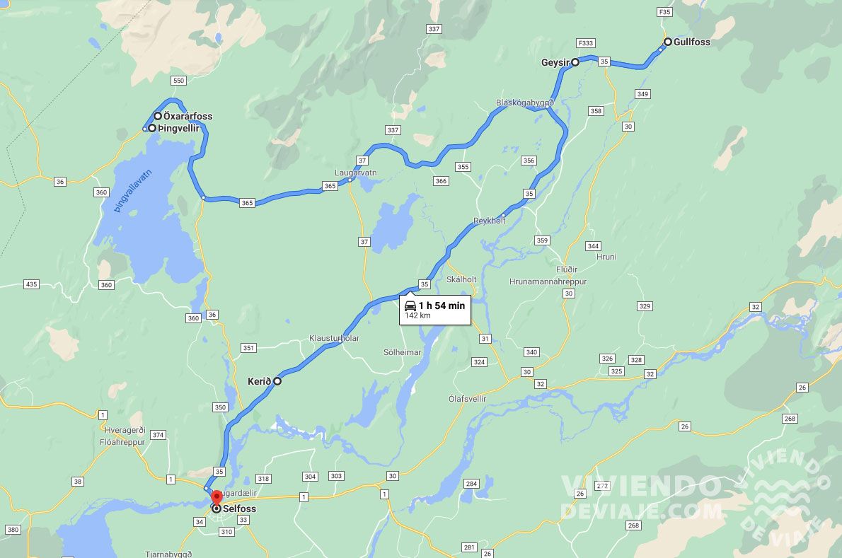 Mapa día 1 de la ruta por Islandia en 4 días