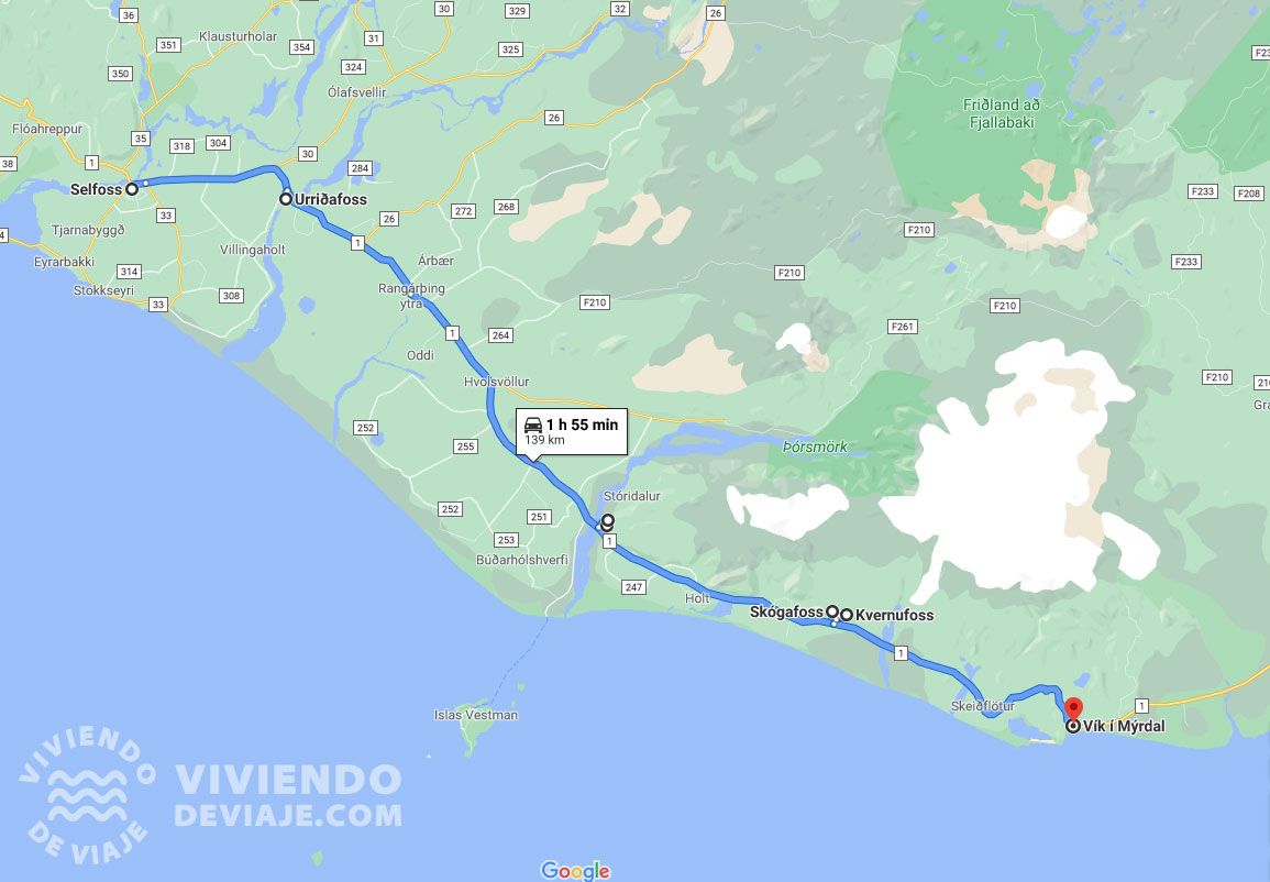 Mapa día 1 de la ruta por Islandia en 4 días