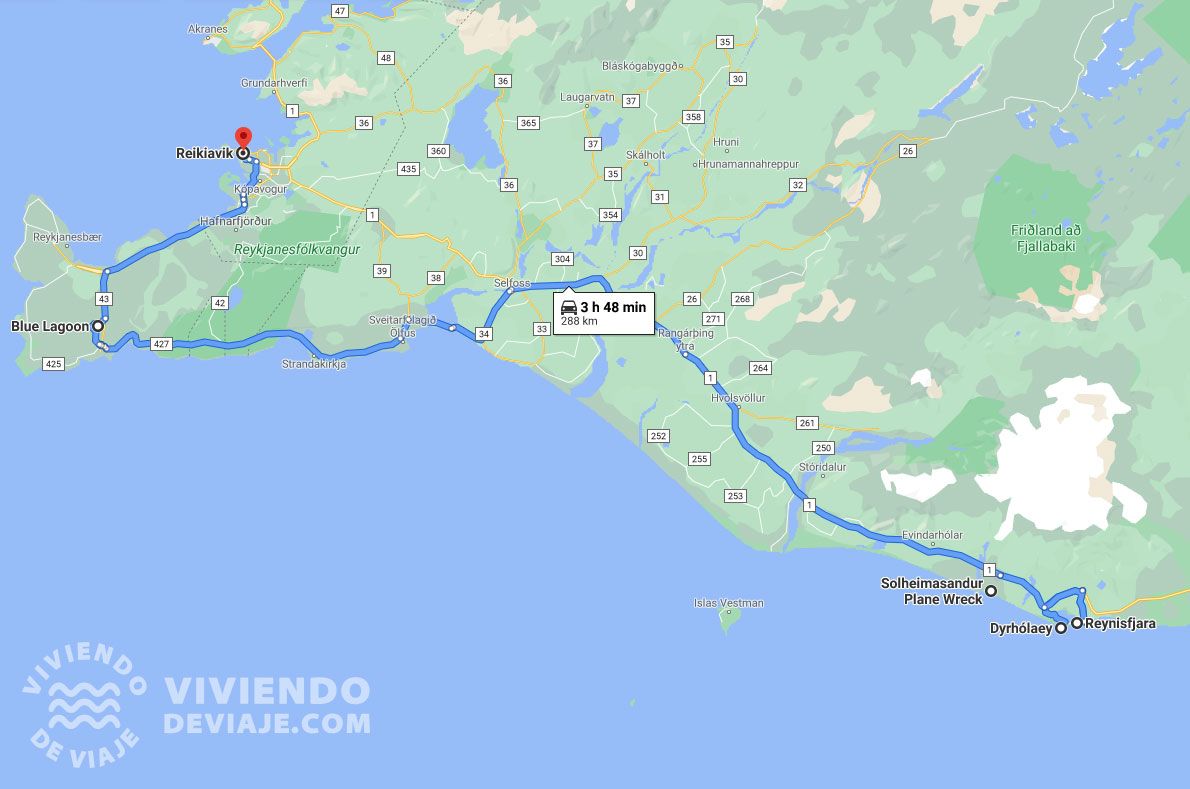 Mapa día 3 de la ruta por Islandia en 4 días