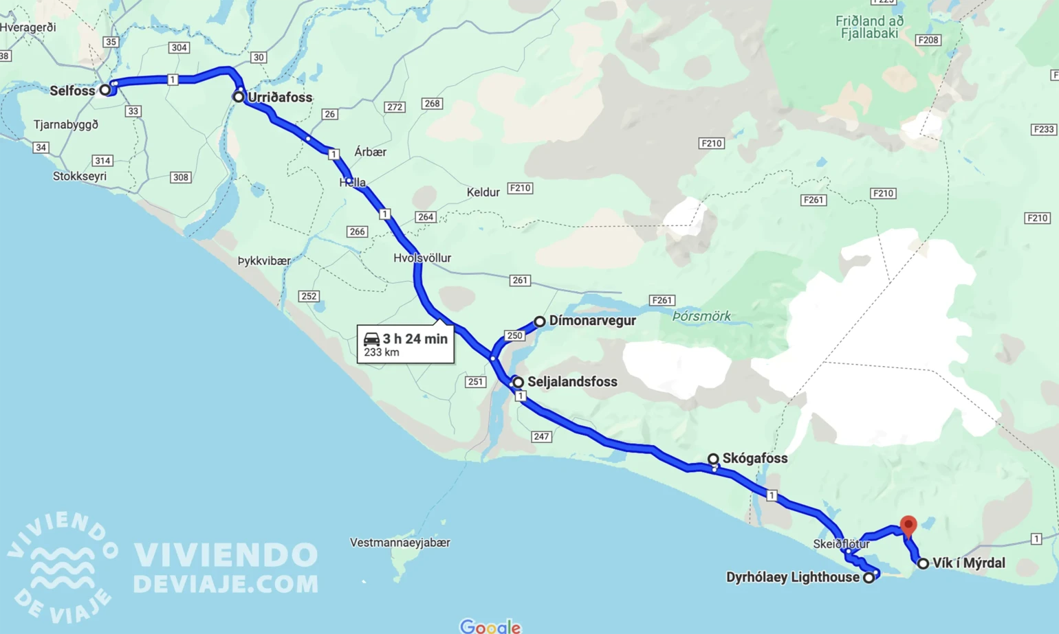 Mappa del giorno 3 del nostro itinerario in Islanda di 10 giorni