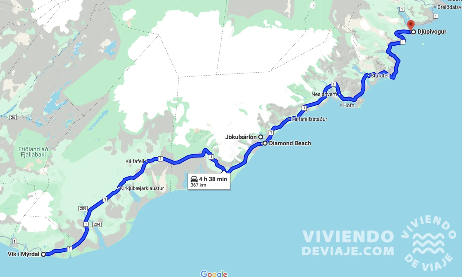 Mappa del giorno 4 del nostro itinerario in Islanda di 10 giorni