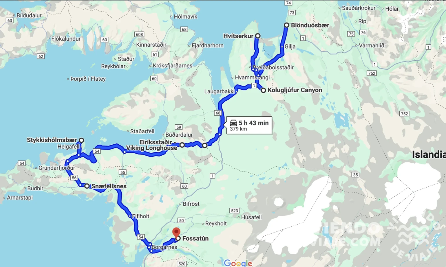 Mappa del giorno 8 del nostro itinerario in Islanda di 10 giorni