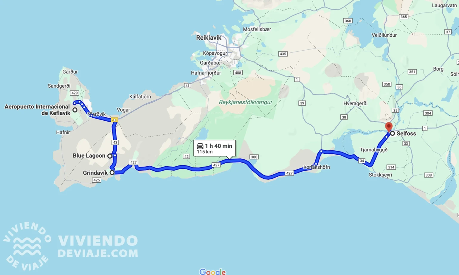 Mappa del giorno 1 del nostro itinerario in Islanda di 10 giorni