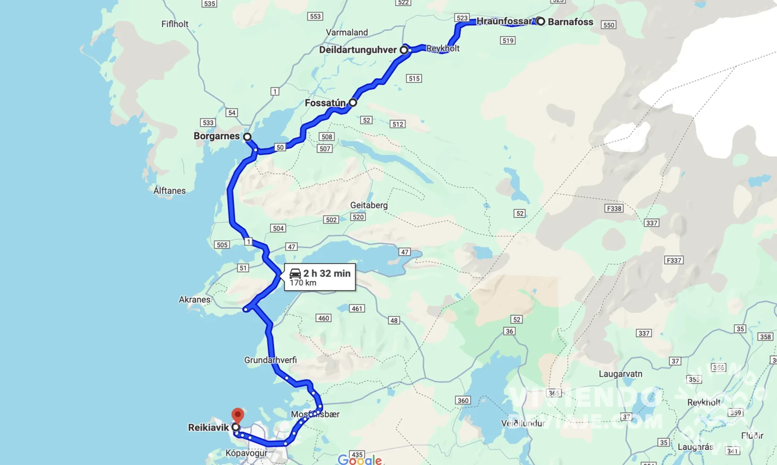 Mappa del giorno 9 del nostro itinerario in Islanda di 10 giorni