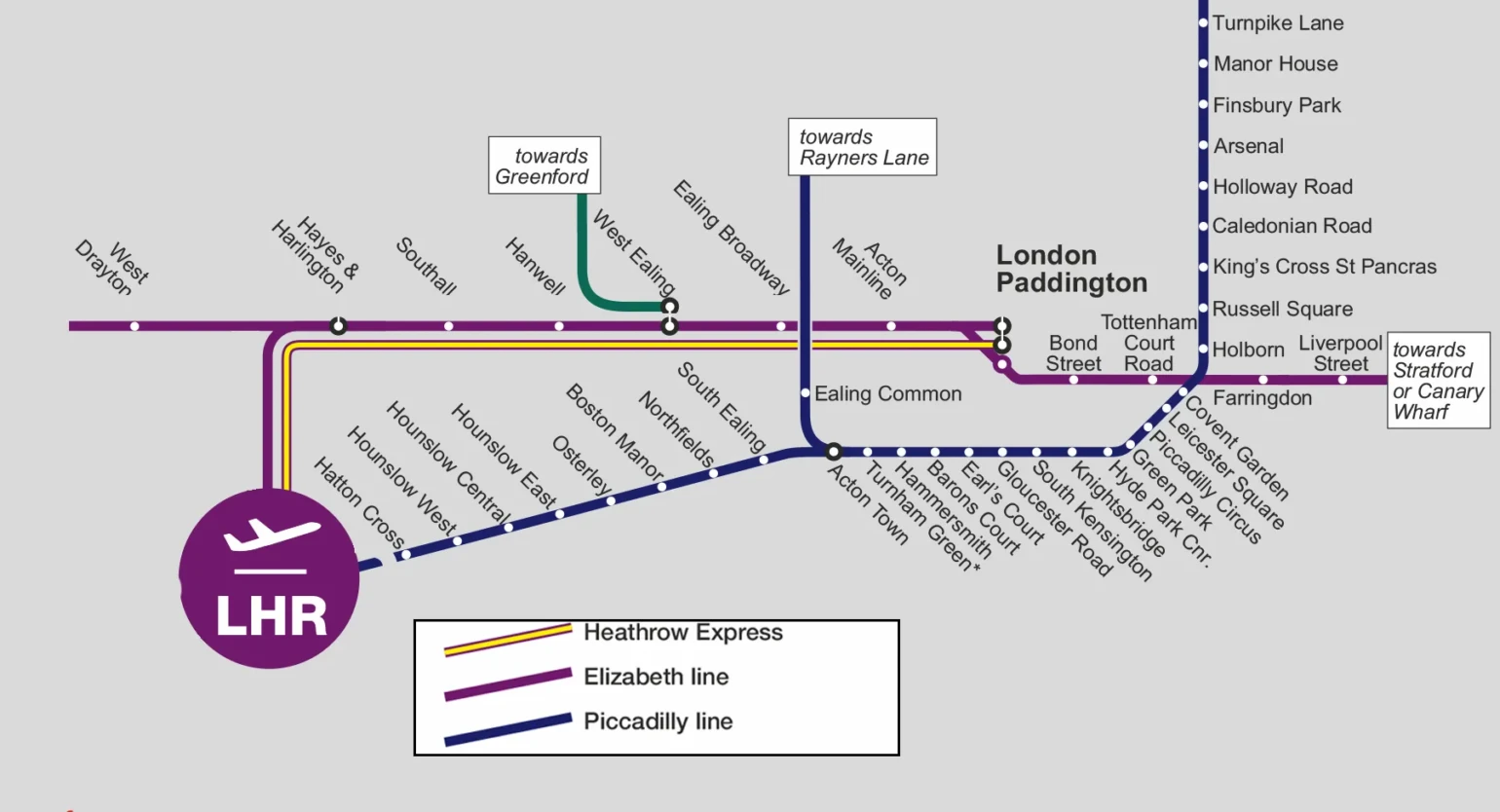 Mapa de tren y metro para ir del aeropuerto de Heathrow a Londres