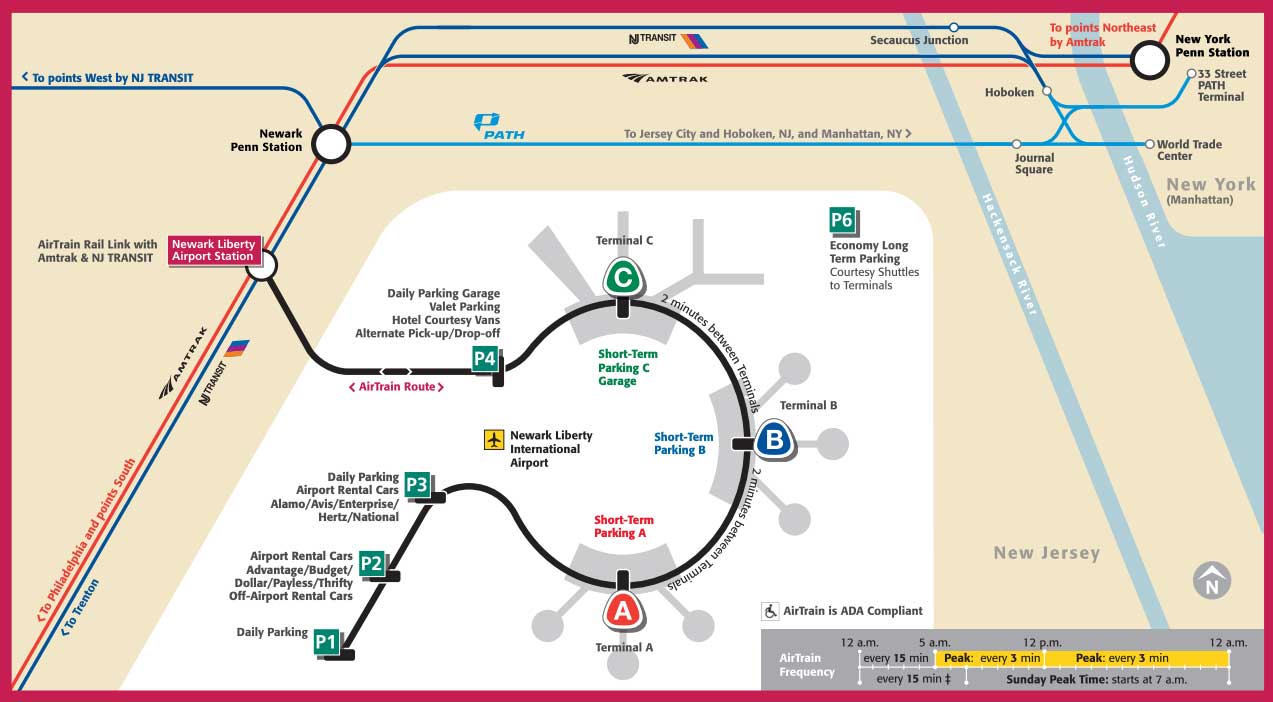 Mapa de las líneas de tren del aeropuerto de Newark a Manhattan