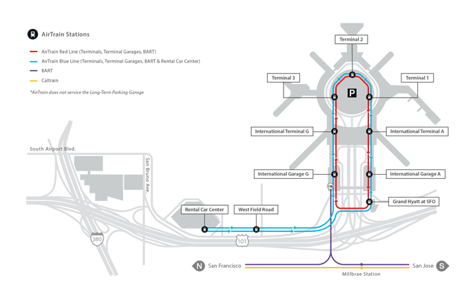 Mapa del AirTrain del aeropuerto de San Francisco